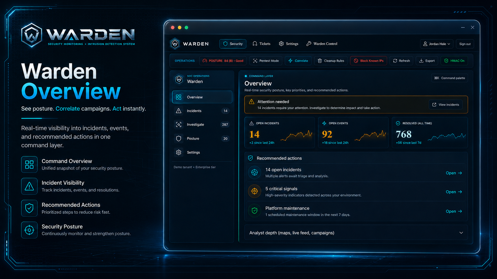 Warden Overview dashboard showing security posture, open incidents, and the action queue