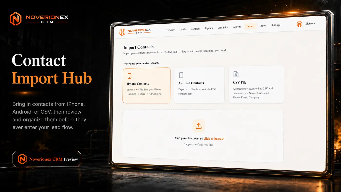 Noverionex CRM contact import hub for mobile and CSV
